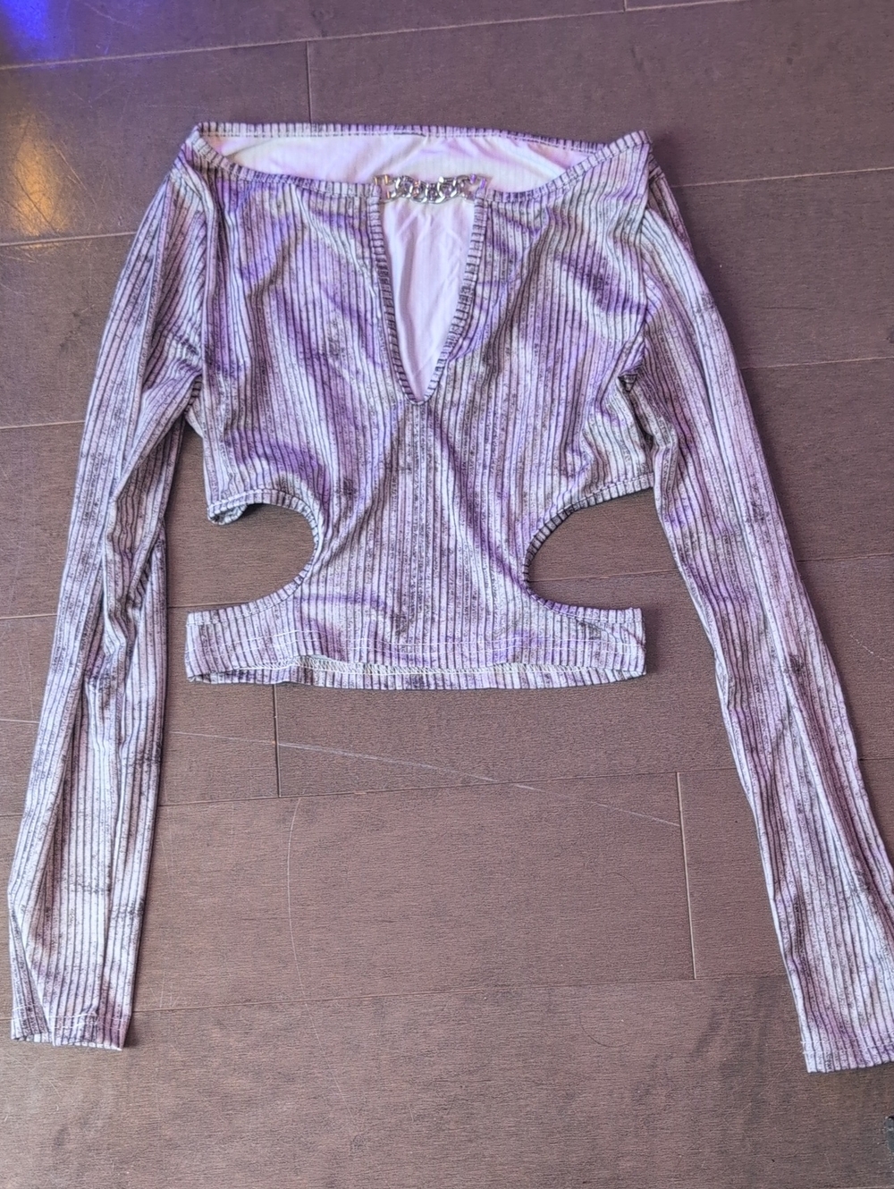 PLAYBOY Silver Striped Long-Sleeve Cutout Crop Top